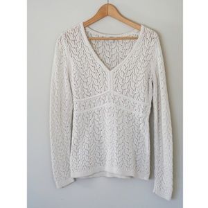 LOFT Lightweight V Neck Cream Knit Boho Sweater